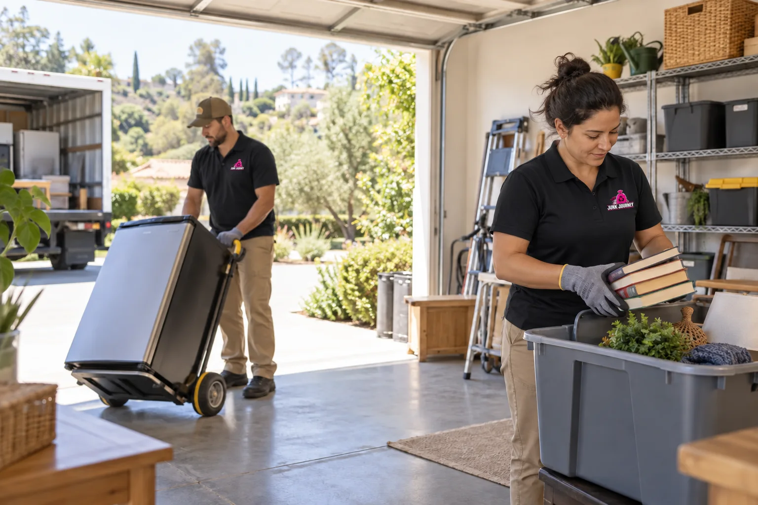 A Junk Journey crew clearing items from a bright residential garage
