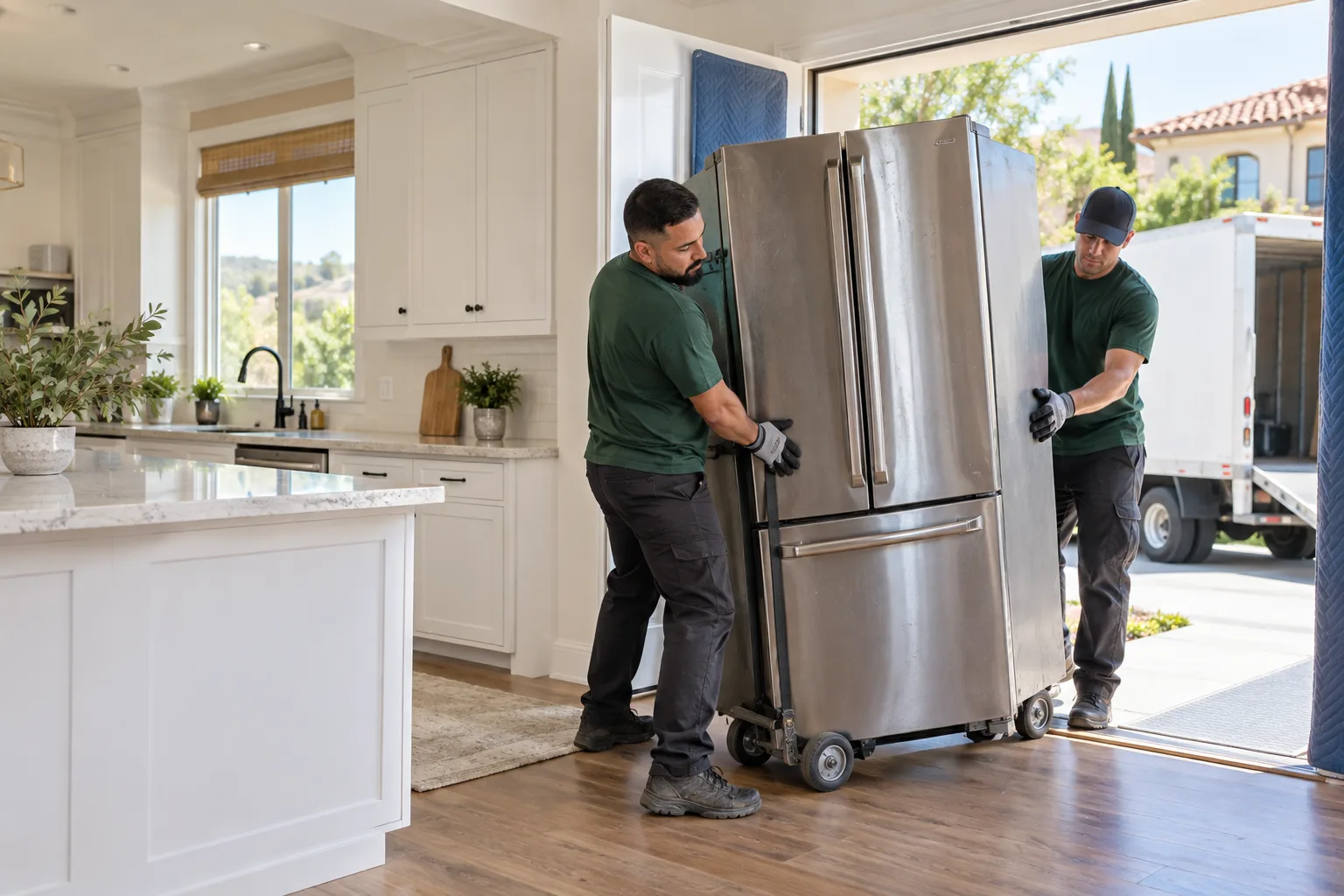 Workers preparing to move a disconnected refrigerator