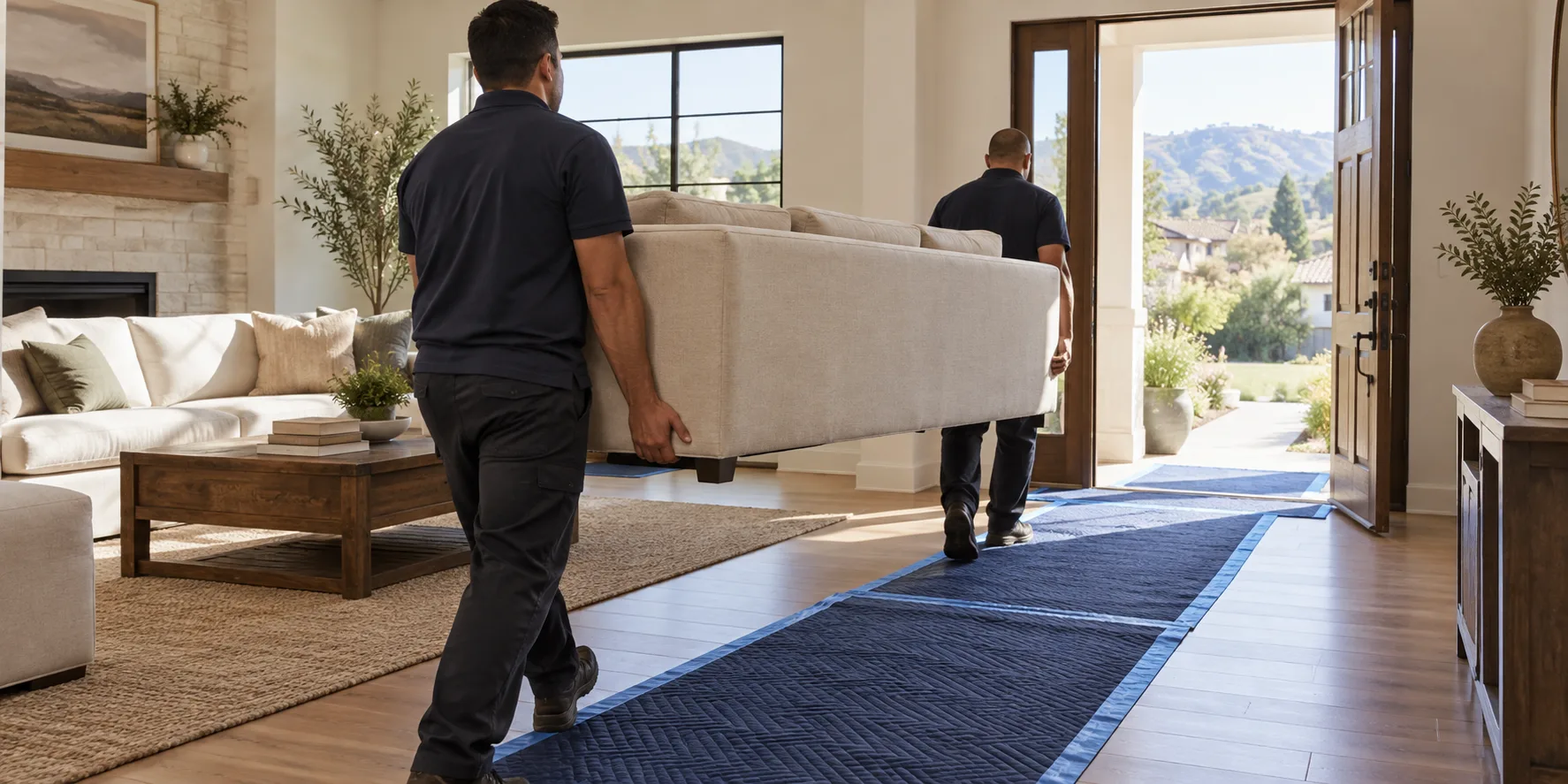 Workers carrying a sofa through a measured household route